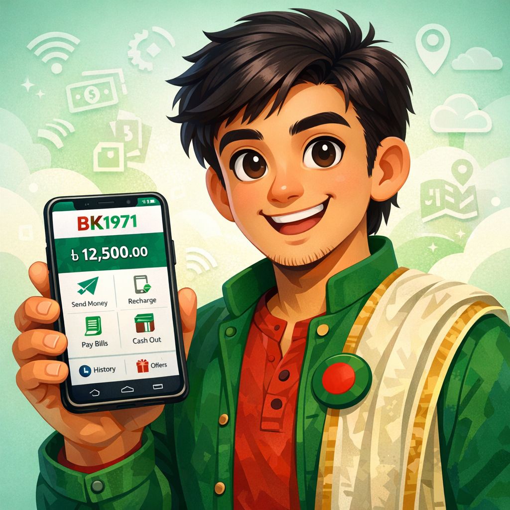 BK1971 app themed cartoon character holding a smartphone with app icons and Bangladesh-inspired colors