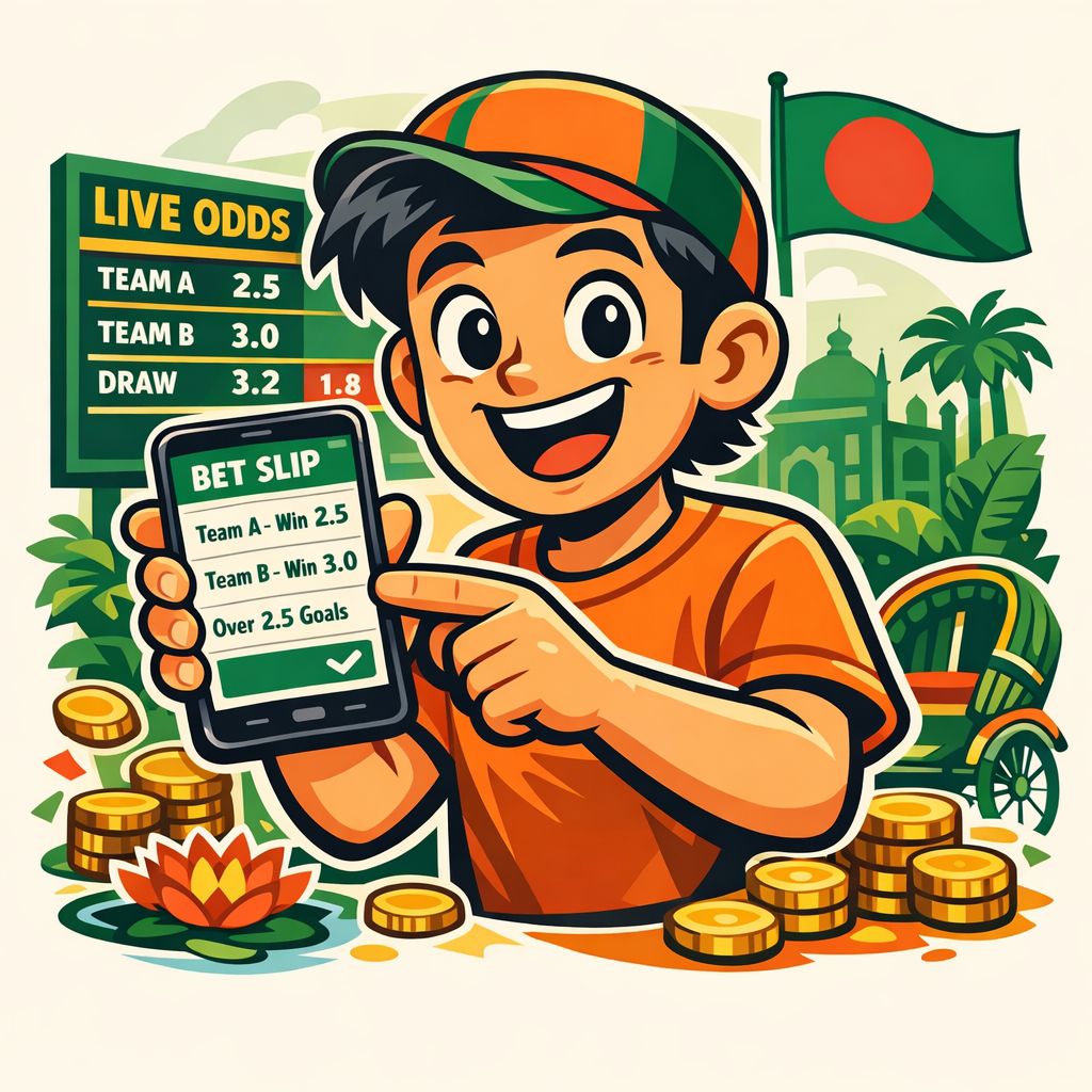 BK1971 themed cartoon character placing a sports bet with odds and coins
