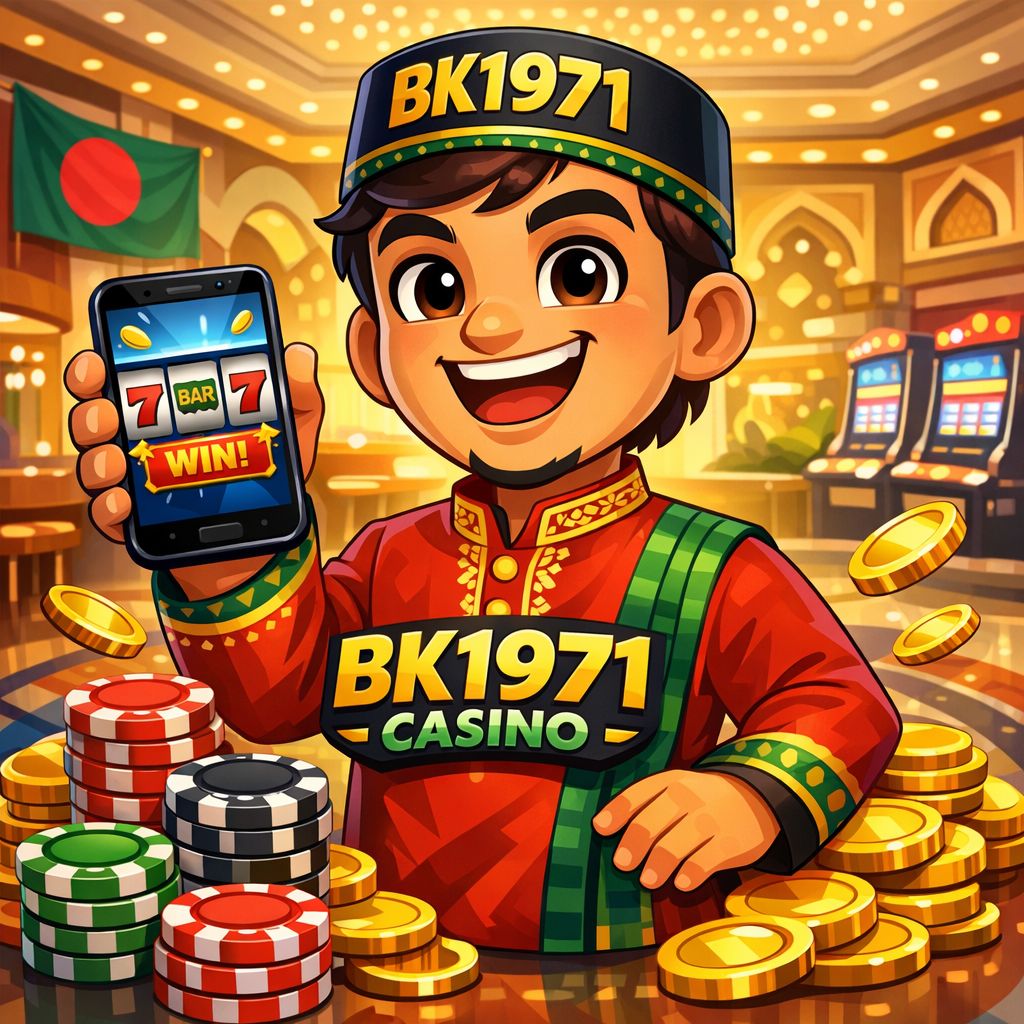 BK1971 casino cartoon character holding chips and a phone with slot reels and coins