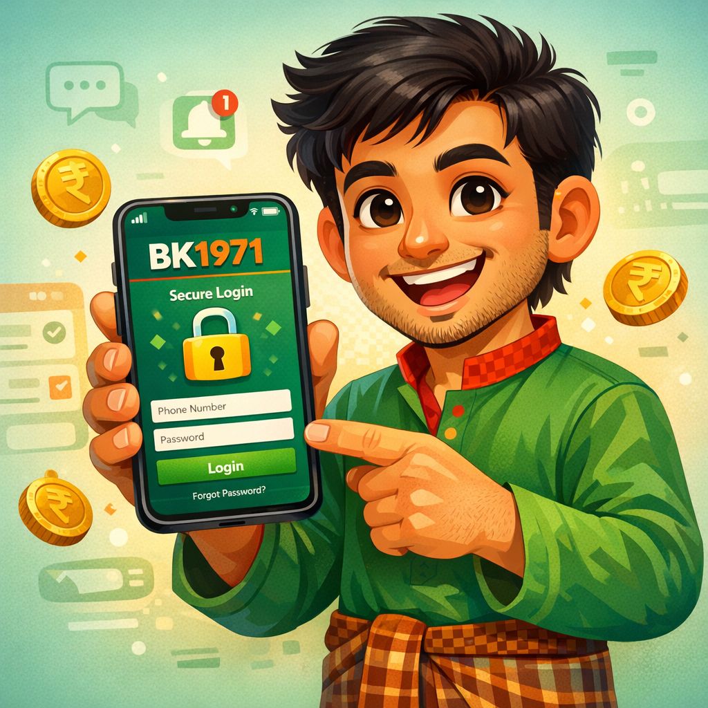 Cartoon character holding a phone with a secure login screen and BK1971 style tokens