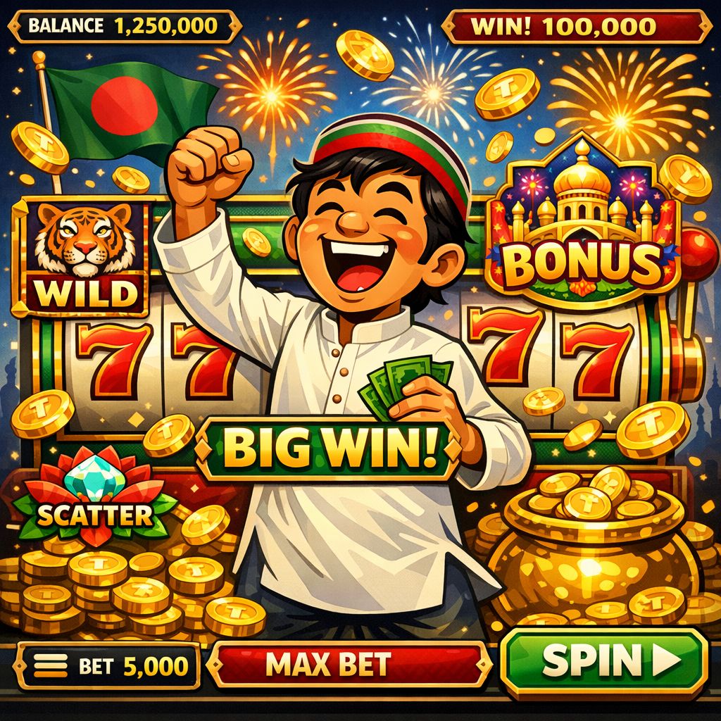 BK1971 slot-themed cartoon character with reels, coins, and bonus symbols